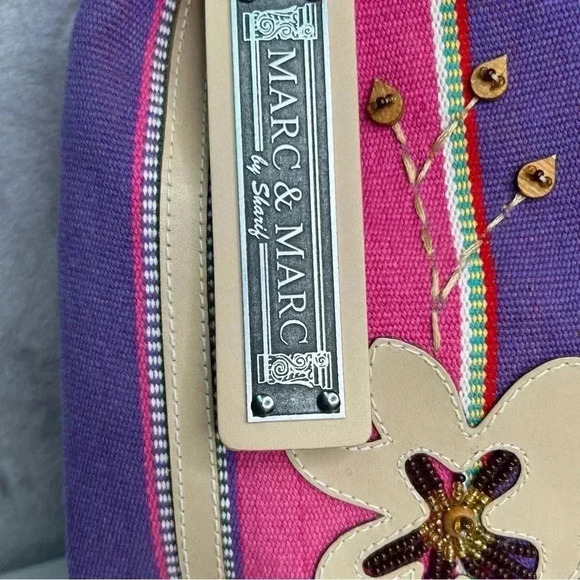 Sharif Marc & Marc Striped Beaded Floral Patch Large Leather/Canvas Tote Bag - Picture 12 of 15